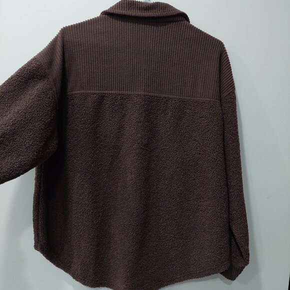 Bluenotes Brown Sherpa Fleece Button-Down Shacket With Corduroy Details Sz M - Picture 2 of 7
